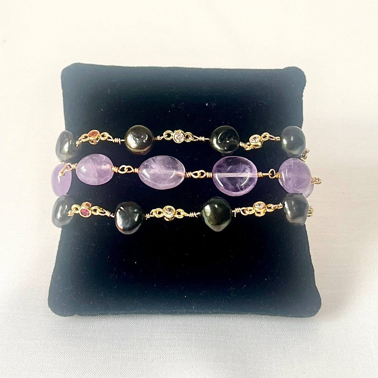 Jewel Treatzz 3 Line Amethyst & Enameld Pearls Gold Plated Bracelet