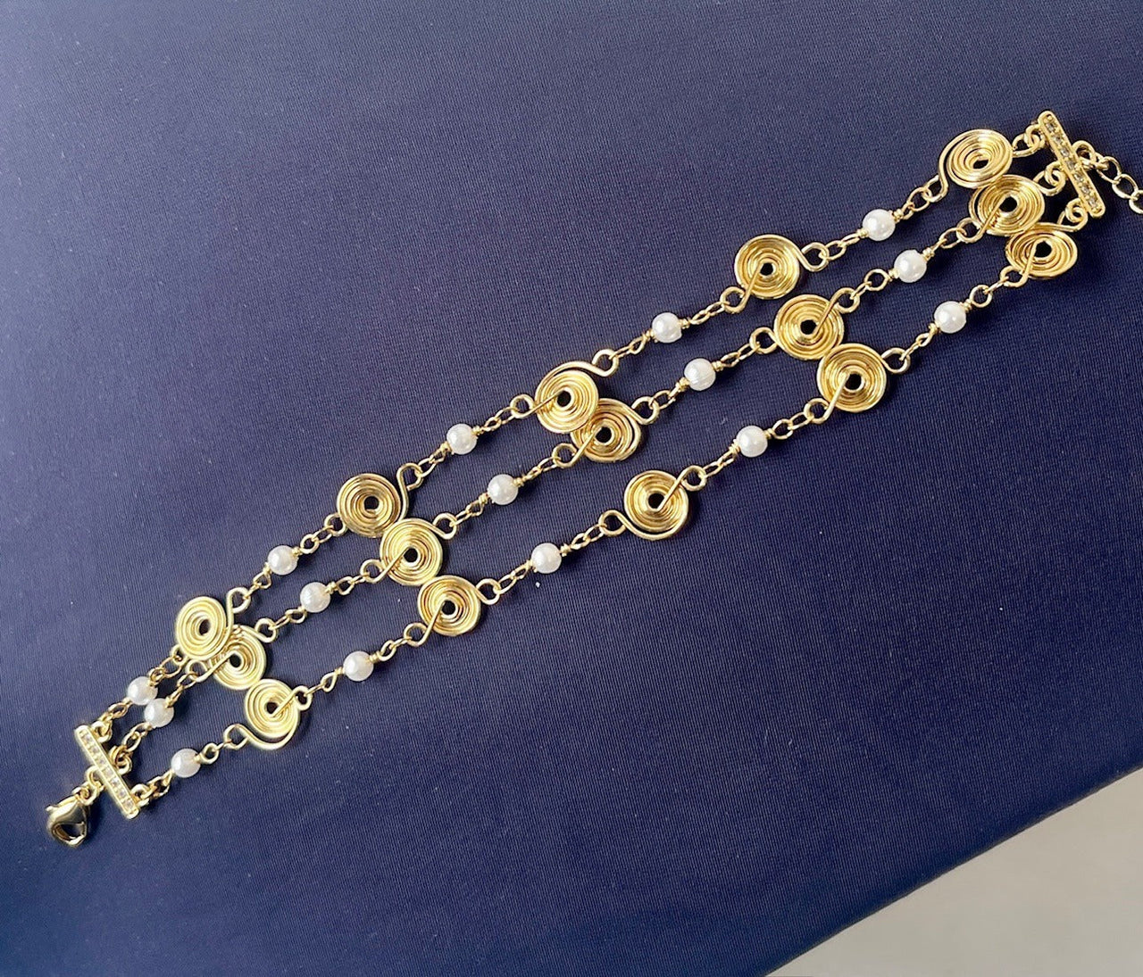 Jewel Treatzz Adorable Everyday Wear 3 Line Gold Plated Pearl Long Chain Fashion Bracelet