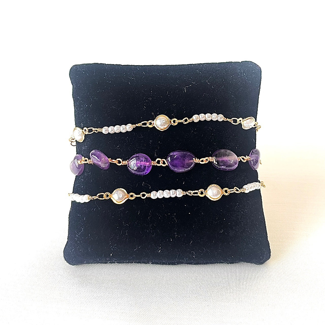 Jewel Treatzz Beautiful & Dainty Everyday Wear 3 Line Amethyst & Pearls Gold Plated Fashion Bracelet