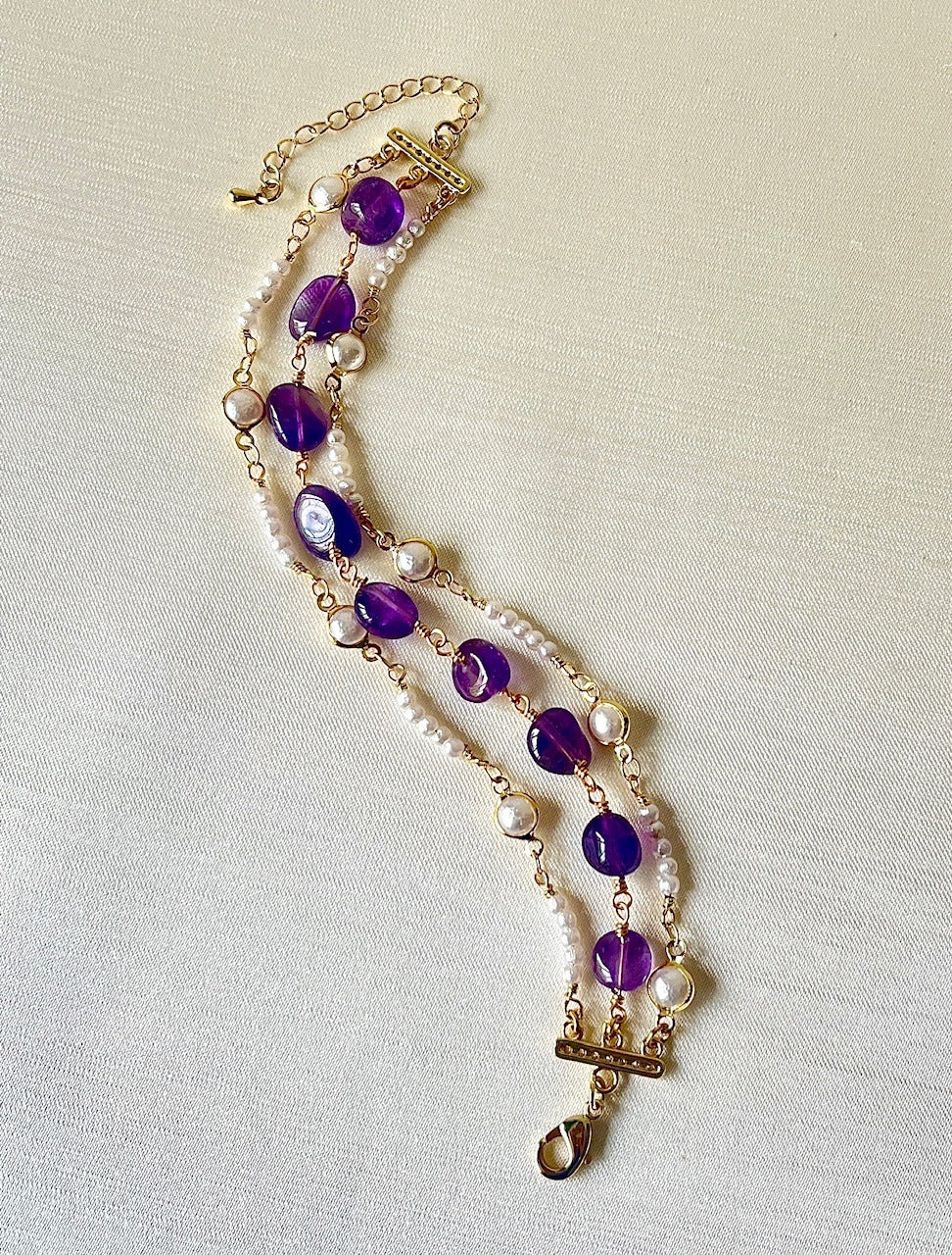 Jewel Treatzz Beautiful & Dainty Everyday Wear 3 Line Amethyst & Pearls Gold Plated Fashion Bracelet