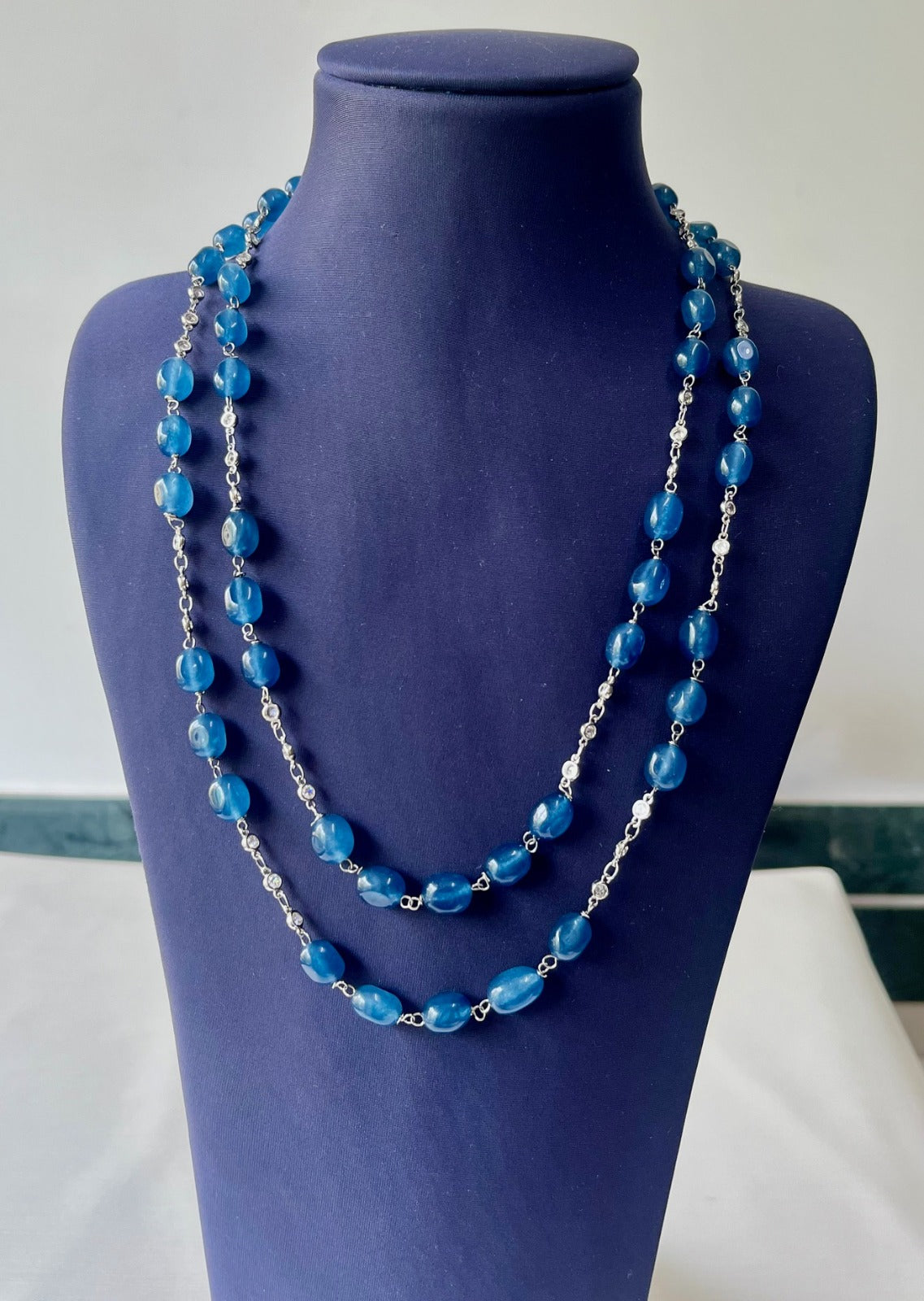 Jewel Treatzz Blue Aventurine Rhodium Finished CZ Layered Necklace