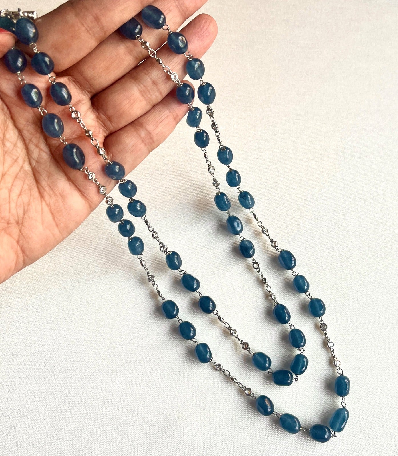 Jewel Treatzz Blue Aventurine Rhodium Finished CZ Layered Necklace