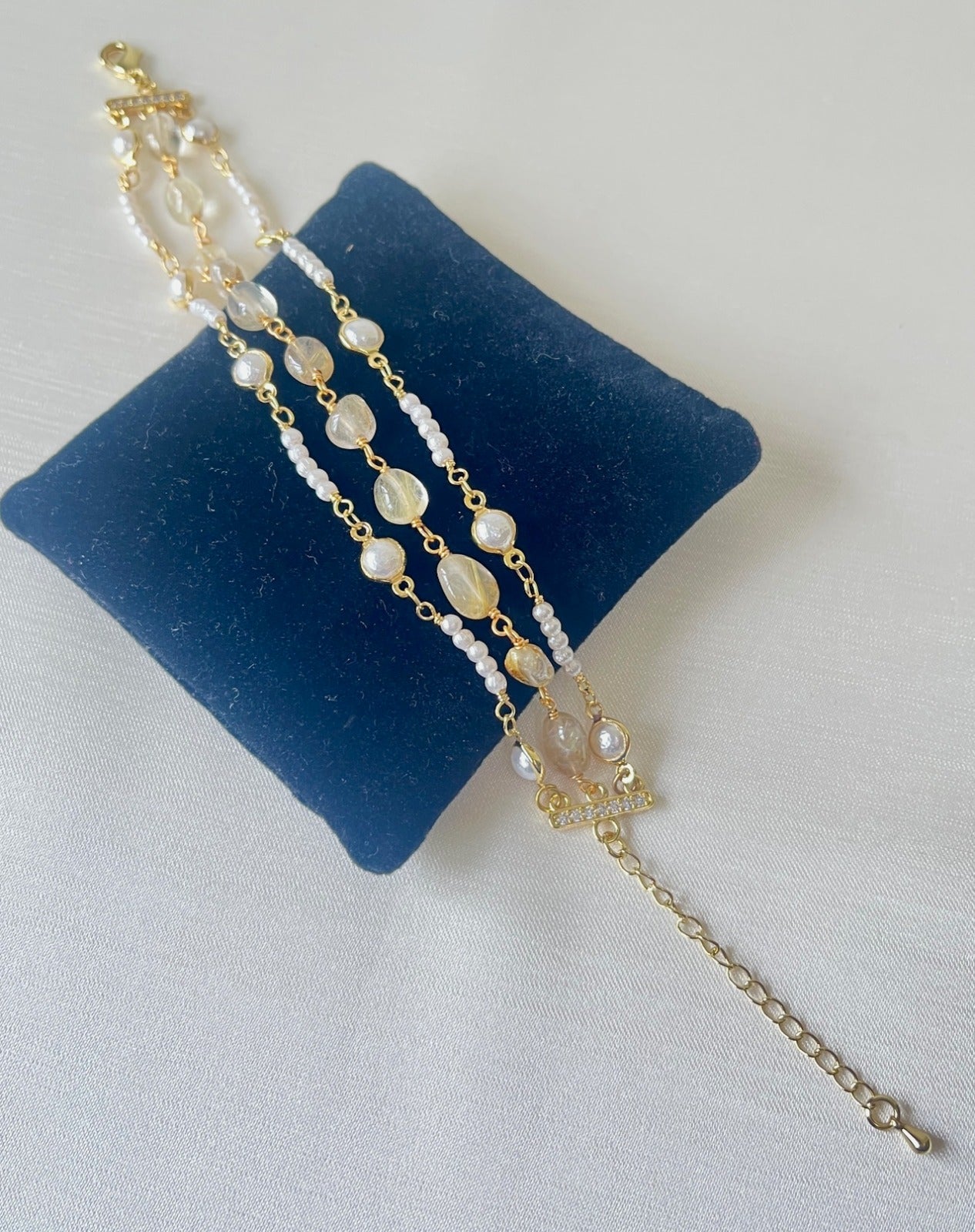 Jewel Treatzz Dainty 3 Line Citrine & Pearls Gold Plated Fashion Bracelet