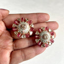 Jewel Treatzz Floral Hand Enamel with Uncut Polki Kundan, Rose Oval Quartz Gold Plated Top Earrings 