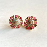 Jewel Treatzz Floral Hand Enamel with Uncut Polki Kundan, Rose Oval Quartz Gold Plated Top Earrings