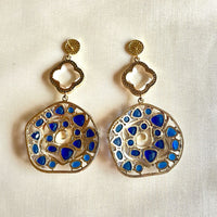 Jewel Treatzz Irregular Shaped Blue Doublet Stone, Transparent Four Petal Clover Flower And CZ Stone  Gold Plated Chandlelier Earrings