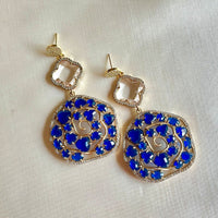 Jewel Treatzz Irregular Shaped Blue Doublet Stone, Transparent Four Petal Clover Flower And CZ Stone  Gold Plated Chandlelier Earrings