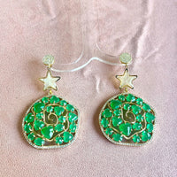 Jewel Treatzz Irregular Shaped Emerald Doublet Stone, Mother Of Pearl Star And CZ Stone Gold Plated Chandlelier Earrings