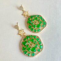 Jewel Treatzz Irregular Shaped Emerald Doublet Stone, Mother Of Pearl Star And CZ Stone Gold Plated Chandlelier Earrings