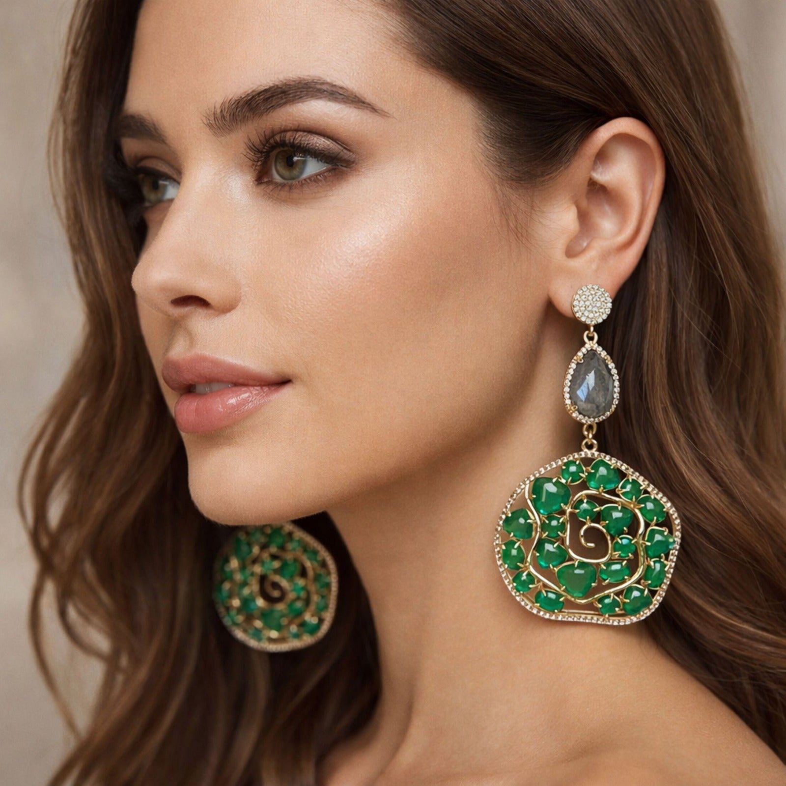 Jewel Treatzz Irregular Shaped Green Doublet Stone Pear, Shapes Labradorite And CZ Stone Gold Plated Chandelier Earrings