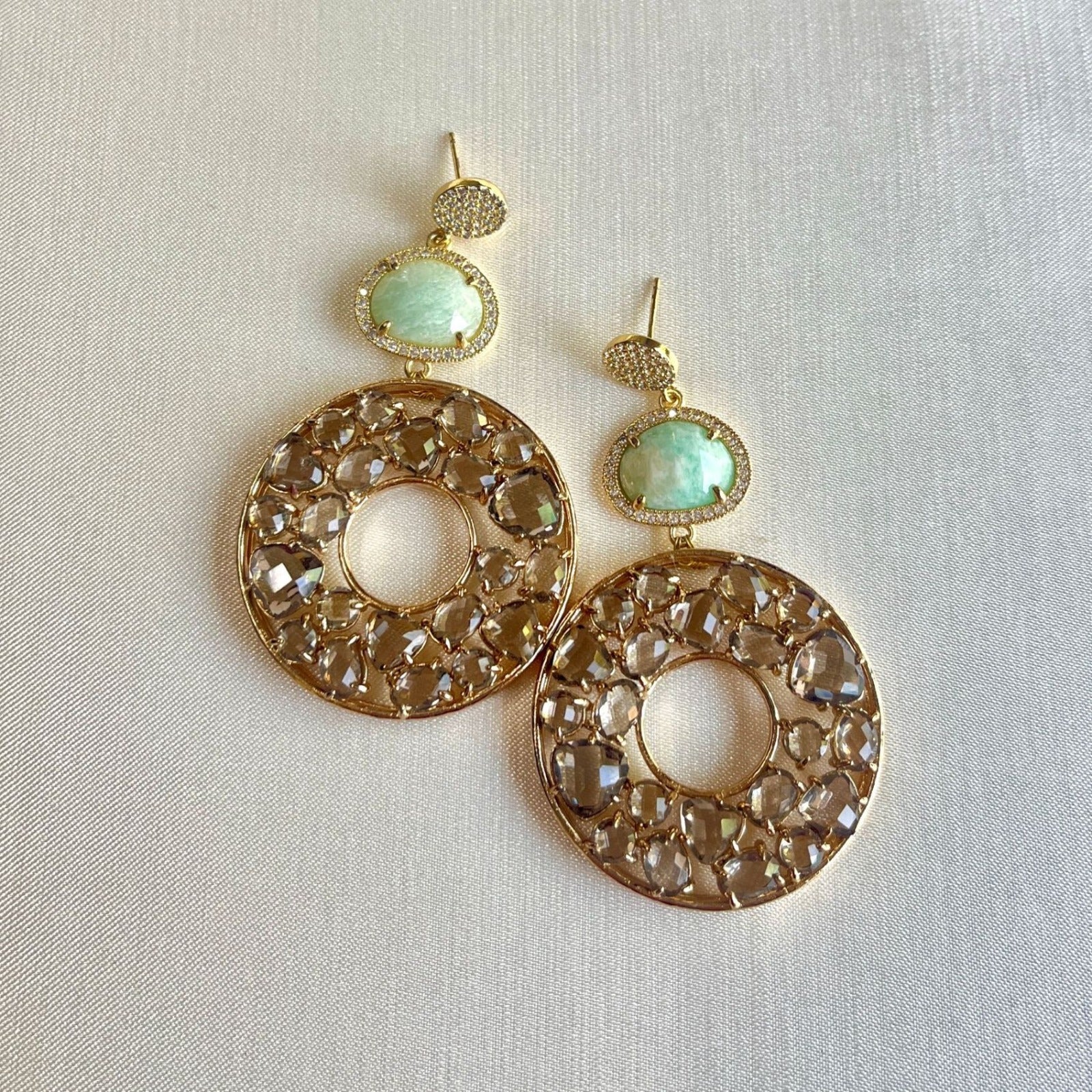 Jewel Treatzz Irregular Shaped Red Doublet Stone, Pear Shaped Labradorite And CZ Stone Gold Plated Chandelier Earrings
