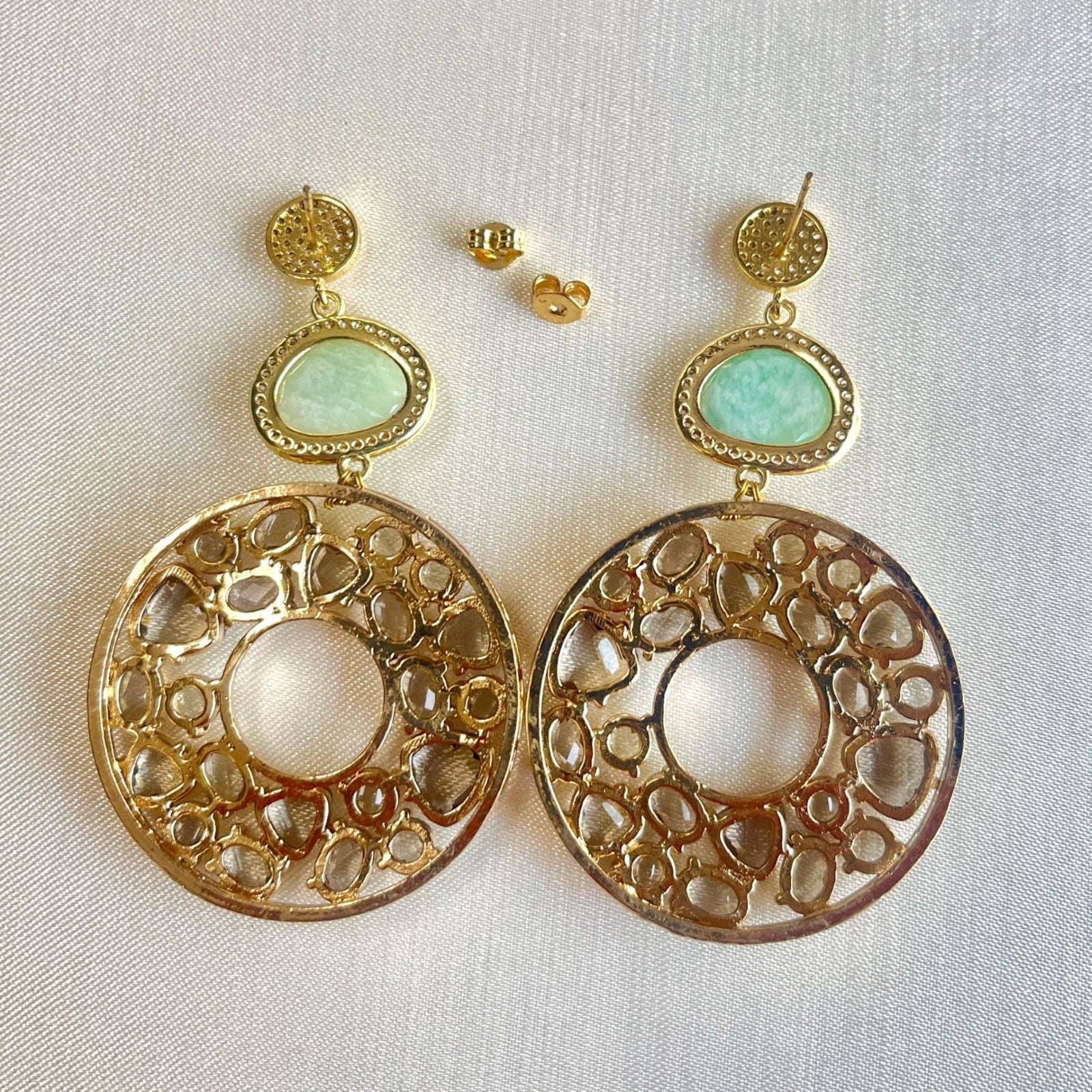 Jewel Treatzz Irregular Shaped Red Doublet Stone, Pear Shaped Labradorite And CZ Stone Gold Plated Chandelier Earrings