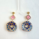 Jewel Treatzz Irregular Shapes Mokka Doublet Stone, Opaque AquaMarine Oval Natural Stone And CZ Stones Gold Plated Chandelier Earrings