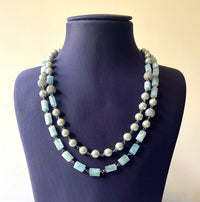 Jewel Treatzz Layered Necklace With Aqua Agates Sliver Pearls & Daimond Balls  