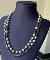 Jewel Treatzz Layered Necklace With Balck Agetes, Silver Pearls & Daimond Balls  