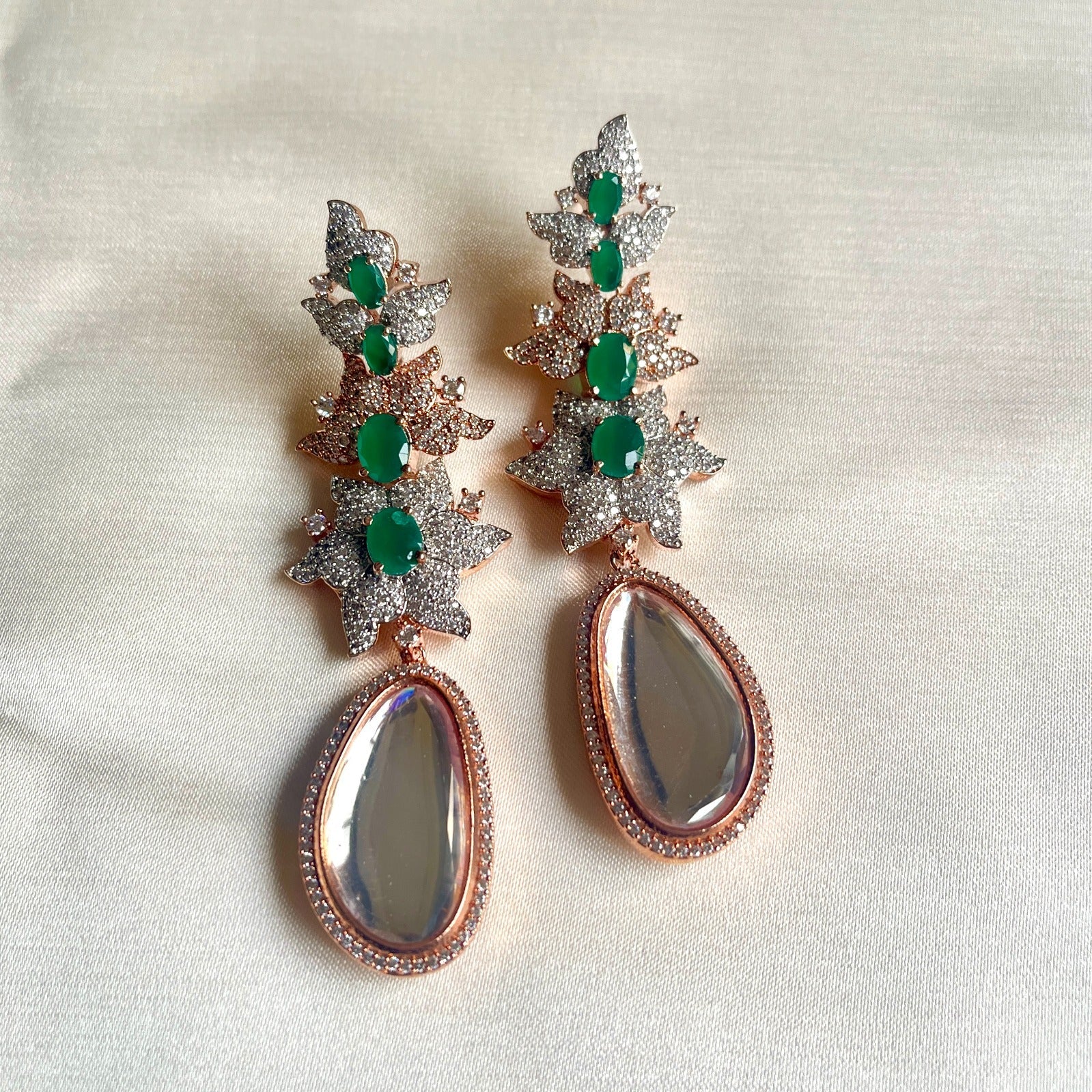 Jewel Treatzz Long Emerald Doublet Stones, CZ Stone & Uncut Polki Kundan Rose Gold Earrings