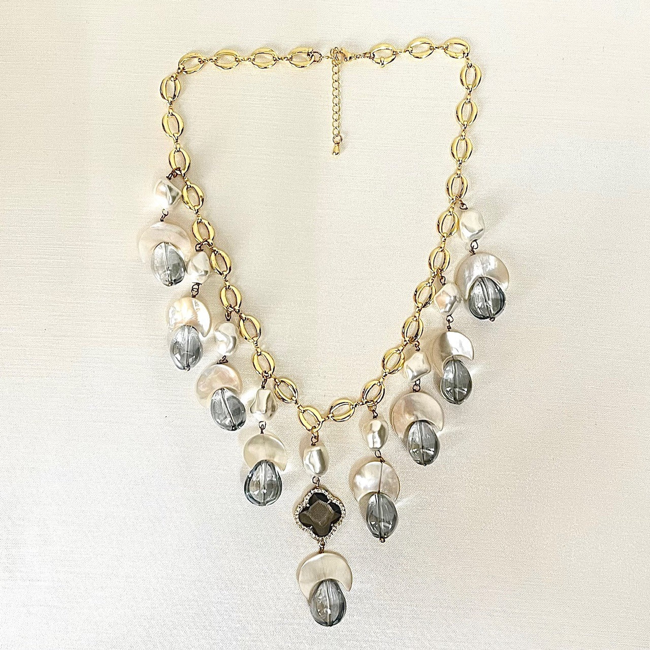 Jewel Treatzz Moon Shapes Mother Of Pearls Translucent Aqua Quartz With Clover Flower Chian Necklace