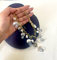 Jewel Treatzz Moon Shapes Mother Of Pearls Translucent Aqua Quartz With Clover Flower Chian Necklace