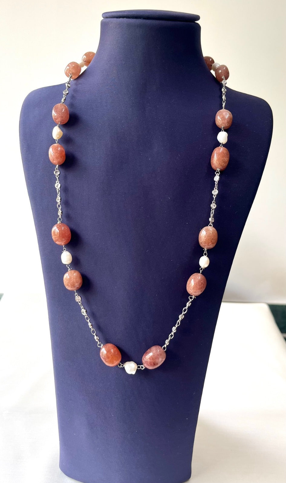 Jewel Treatzz natural Brown Aventurine Stone, Rhodium Finishes CZ Necklace
