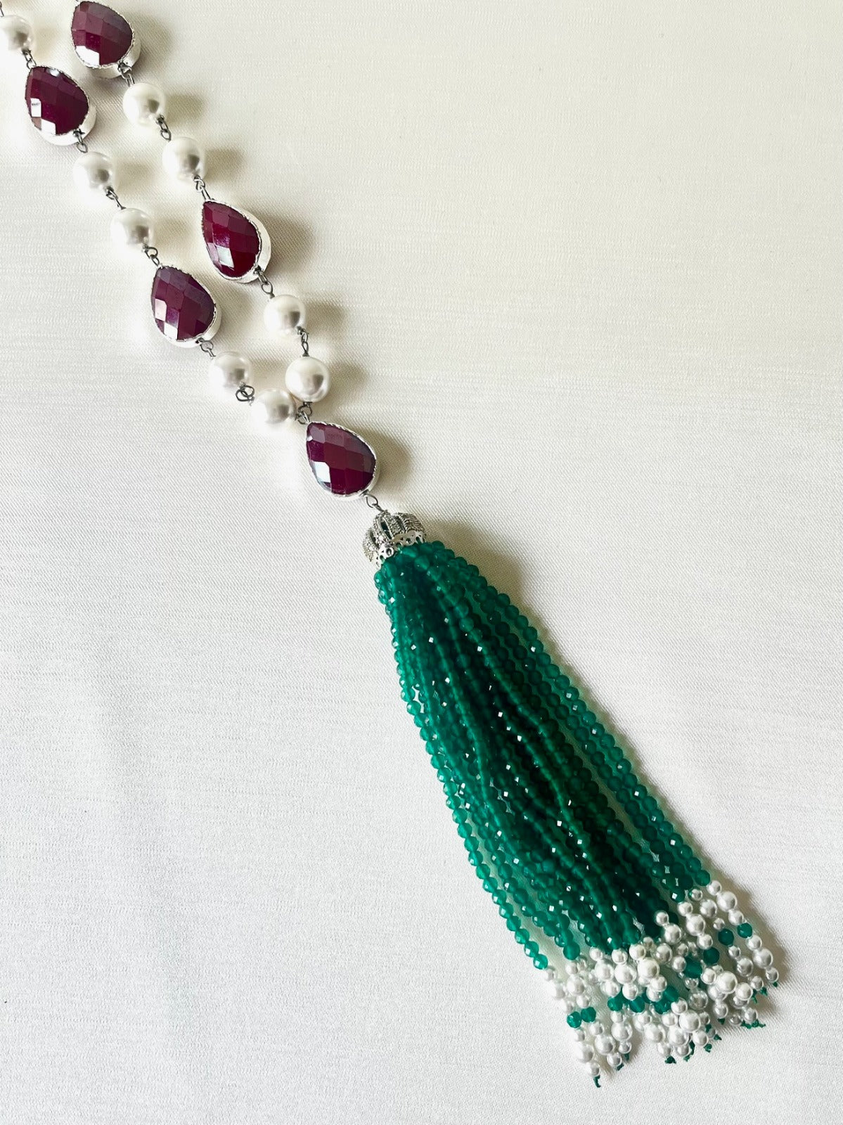 Jewel Treatzz Partywear Emerald Agate Tassels Necklace With Ruby Facetted Cabochons & Pearls