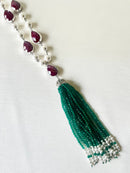 Jewel Treatzz Partywear Emerald Agate Tassels Necklace With Ruby Facetted Cabochons & Pearls