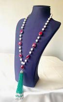Jewel Treatzz Partywear Emerald Agate Tassels Necklace With Ruby Facetted Cabochons & Pearls