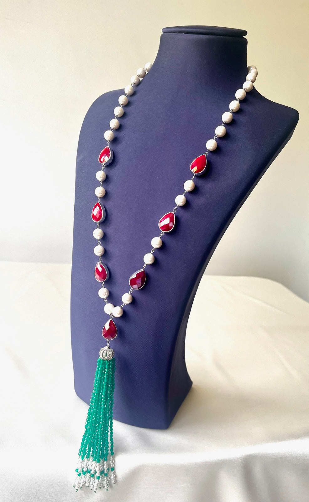 Jewel Treatzz Partywear Emerald Agate Tassels Necklace With Ruby Facetted Cabochons & Pearls