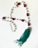 Jewel Treatzz Partywear Emerald Agate Tassels Necklace With Ruby Facetted Cabochons & Pearls