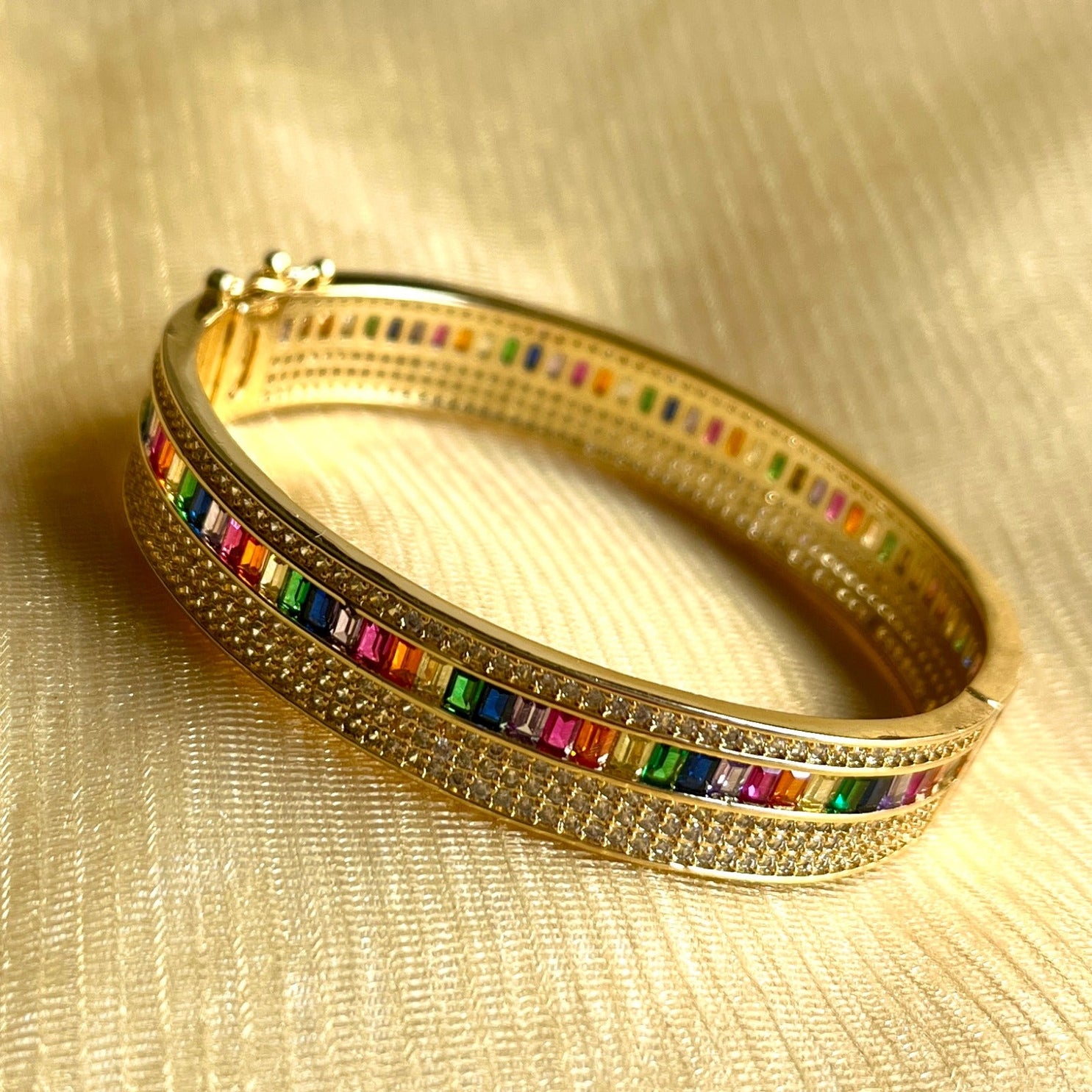 Jewel Treatzz Rainbow Color Stone With CZ's In Pave Setting & Gold Plated Openable Bracelet