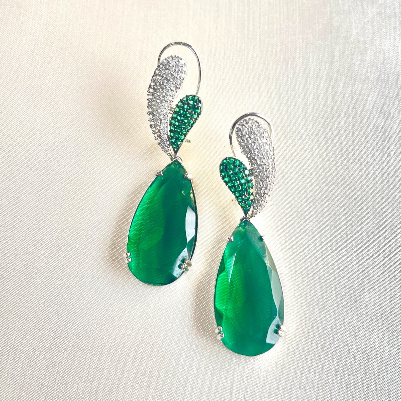 Jewel Treatzz Rhodium Plated, Pear Shaped Emerald Doublet Stone & Cubic Zirconia's Dangler Earrings