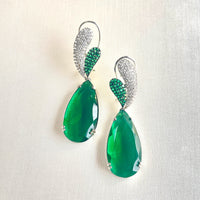 Jewel Treatzz Rhodium Plated, Pear Shaped Emerald Doublet Stone & Cubic Zirconia's Dangler Earrings