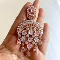Jewel Treatzz Statement Chandelier Rose Gold Plated Earrings With Rose Quartz & CZ Stone