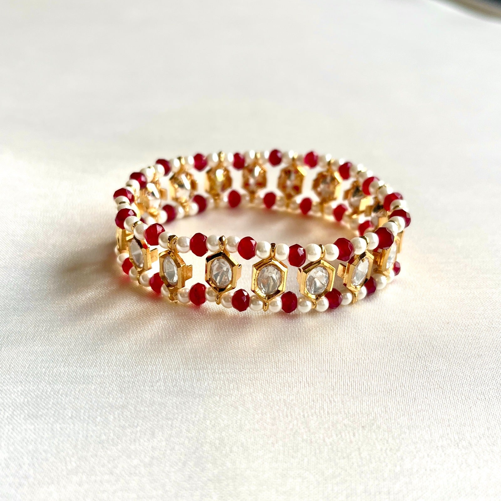 Jewel Treatzz Strecthable Ruby, Pearls G Uncut Polki Kundan Gold Plated Bracelet