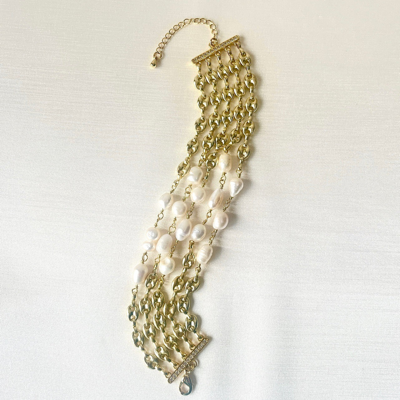 Jewel Treatzz Stunning Gold Plated 5 Line Shell Pearls Link Chain Statement Bracelet