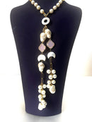 Jewel Treatzz Moon Shapes Mother Of Pearls Translucent Aqua Quartz With Clover Flower Chian Necklace