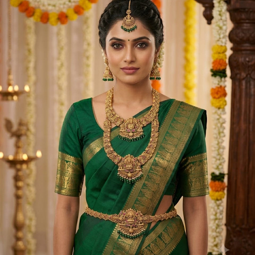 Naitika Arts South Indian Pota Stone And Temple Jewellery Necklace Set With Waist Belt