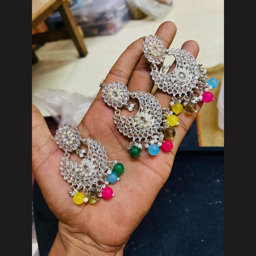 Shree Chamunda Jewellers Silver Plated Crystal Stone Dangler Earrings With Maangtikka