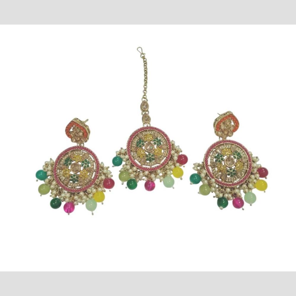 Shree Chamunda Jewellers Gold Plated Crystal And Beads Dangler Earrings With Maangtikka