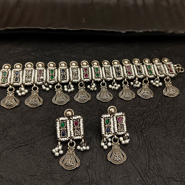 Deep Jewell Oxidised Plated Pearl Choker Necklace Set