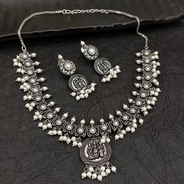 Deep Jewell Oxidised Plated  Temple And Pearl Necklace Set