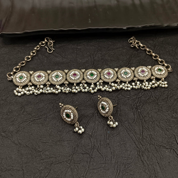 Deep Jewell Oxidised Plated Pearl Choker Necklace Set
