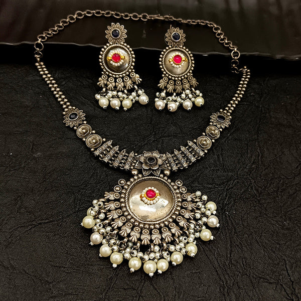 Deep Jewell Oxidised Plated Kundan And Pearl  Necklace Set