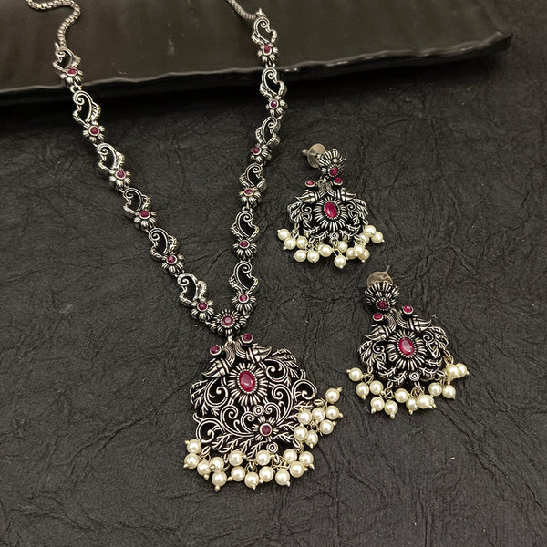 Deep Jewell Oxidised Plated  Kundan Stone And Pearl Necklace Set