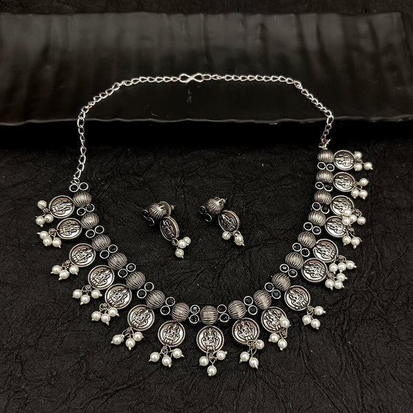 Deep Jewell Oxidised Plated Temple And Pearl Necklace Set