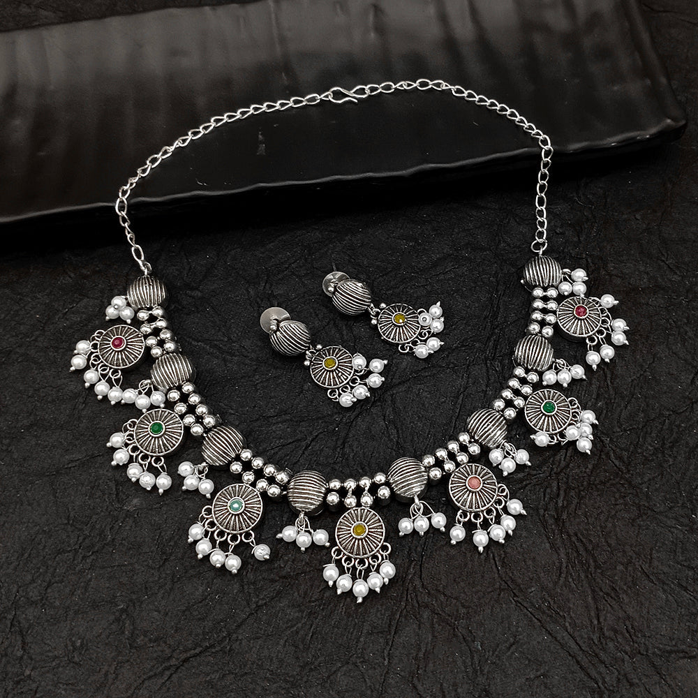 Deep Jewell Oxidised Plated Pota Stone Necklace Set
