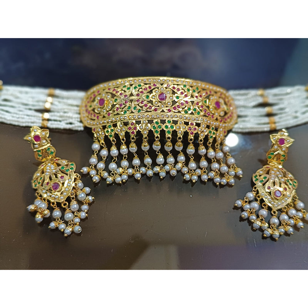 Everlasting Jadau Designer Pota Stone And Pearl Choker Necklace Set