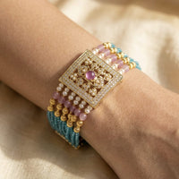 Everlasting Jadau Gold Plated Austrian Stone And Pearl Hand Dasti / Bracelet