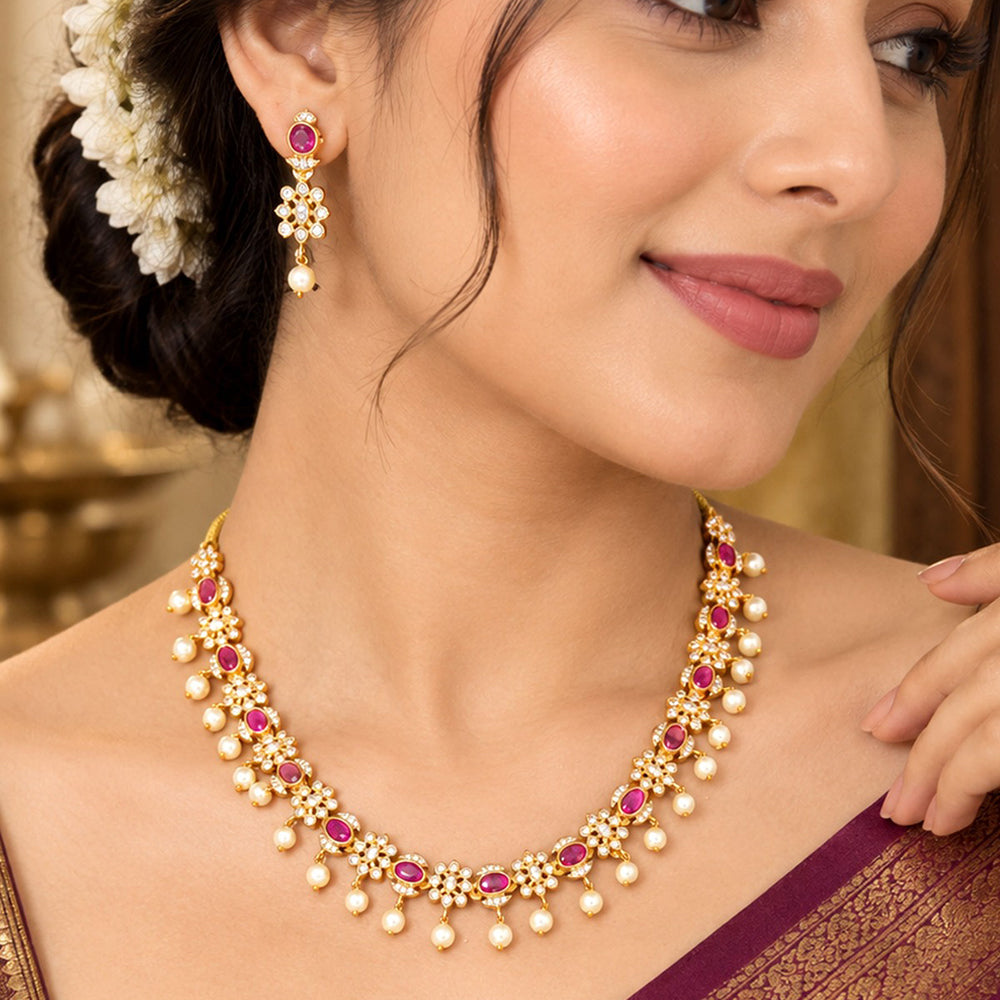 Everlasting Jadau Royal American Daimond And Beads Necklace Set