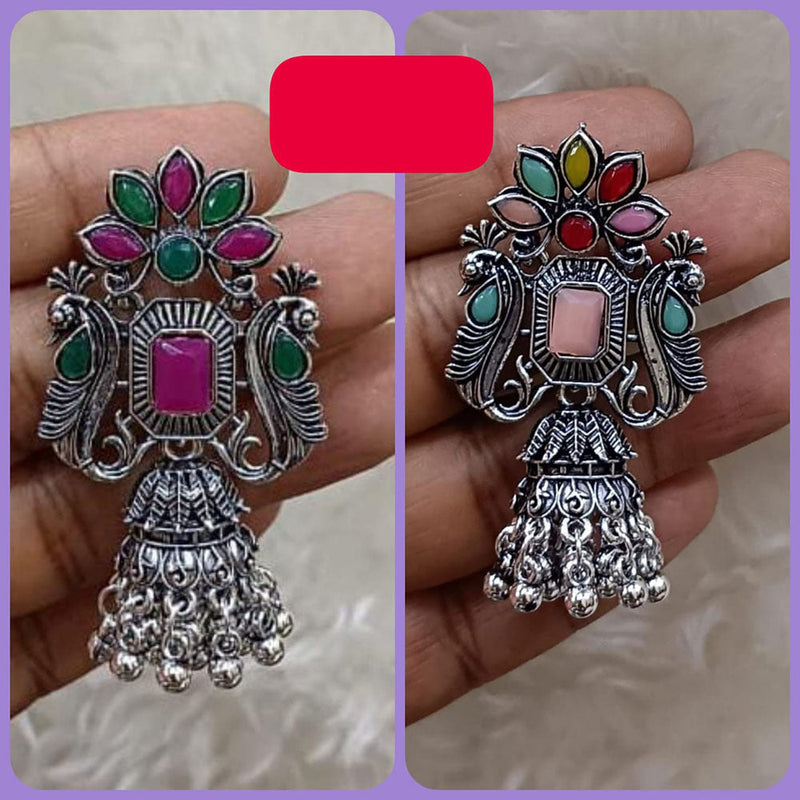 Abhinandan Oxodised Plated Pota Stone And Ghungroo Jhumki Earrings (Assorted Color)