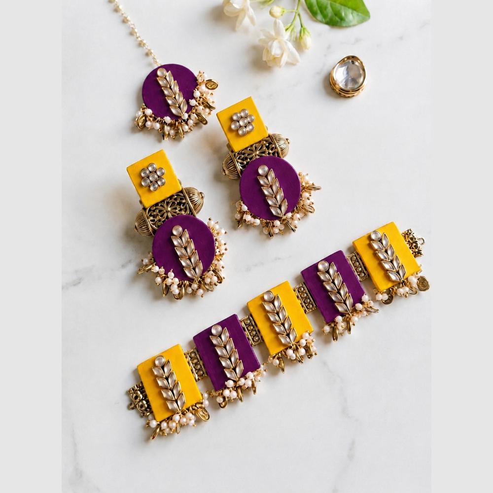Handmade For Her Handmade Purple Choker Necklace With Earrings And Maangtikka